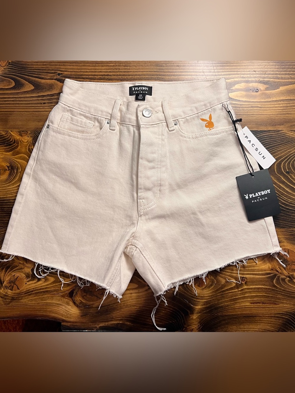 Pacsun x Playboy Women's off white Denim Cutoff Shorts